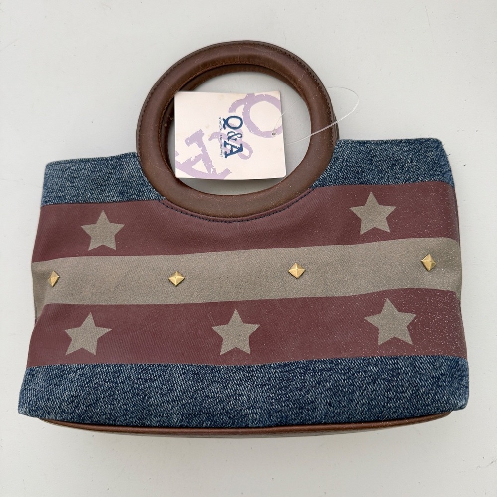 Q&A Women Blue Denim Star Studded Mini Handbag Brown Round Handle NWT